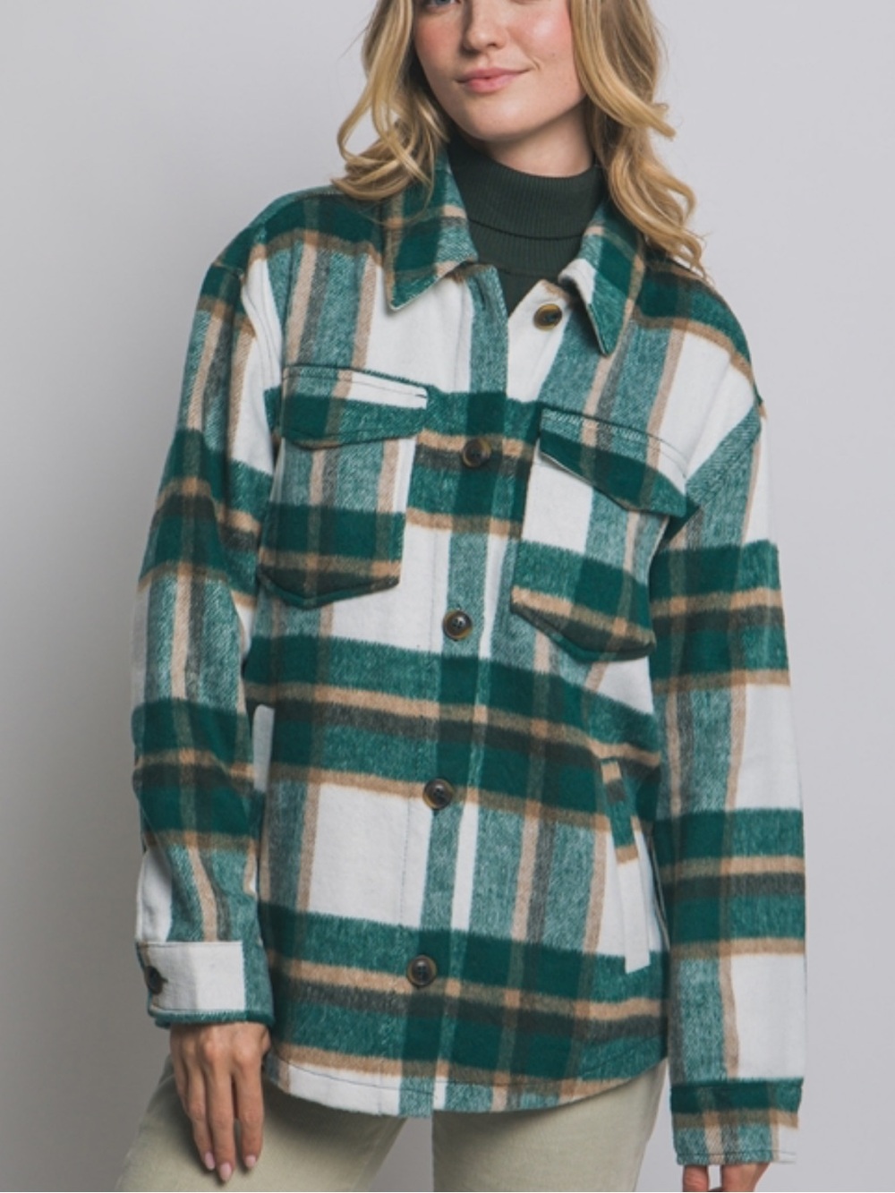 Wool blend Plaid Shacket Jacket in Green & White - Women’s Oversized Button-Up